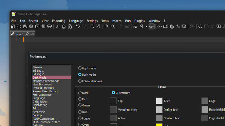 Notepad++ showing Dark Mode option in Preferences