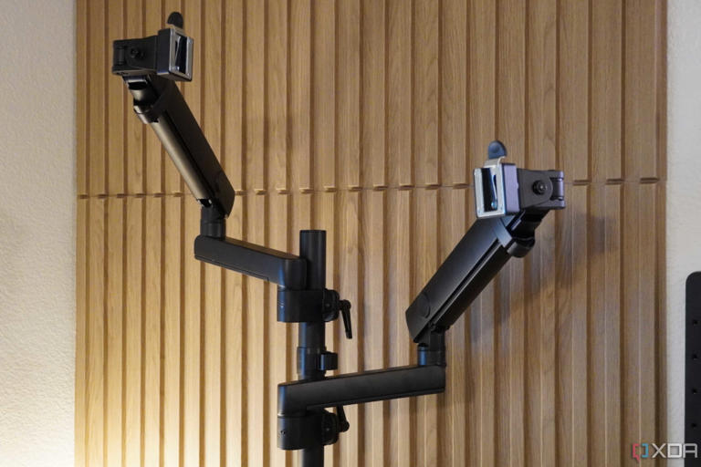 The StarTech dual monitor arm without monitors attached.