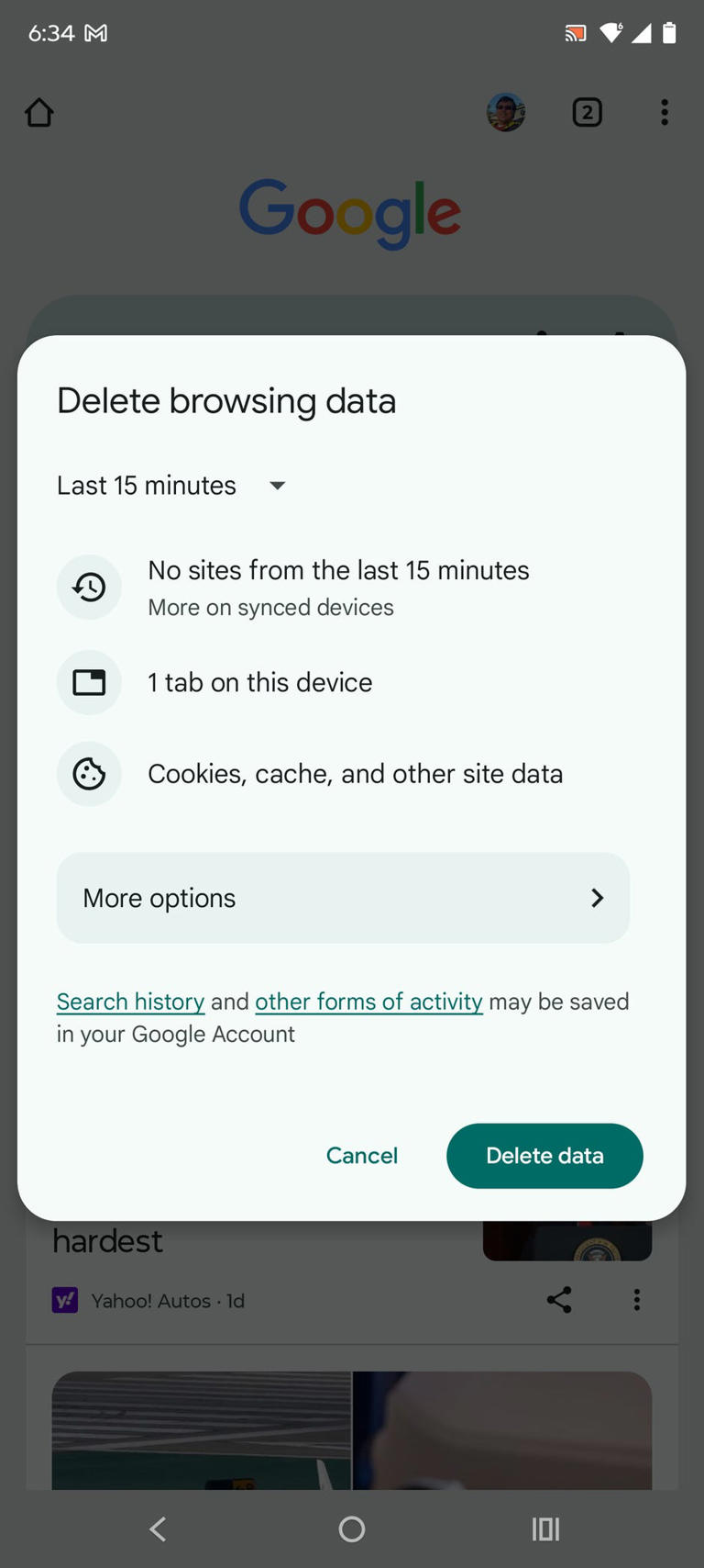 The "Clear browsing data" menu in Chrome on Android. Screenshot by Mike Sorrentino/CNET