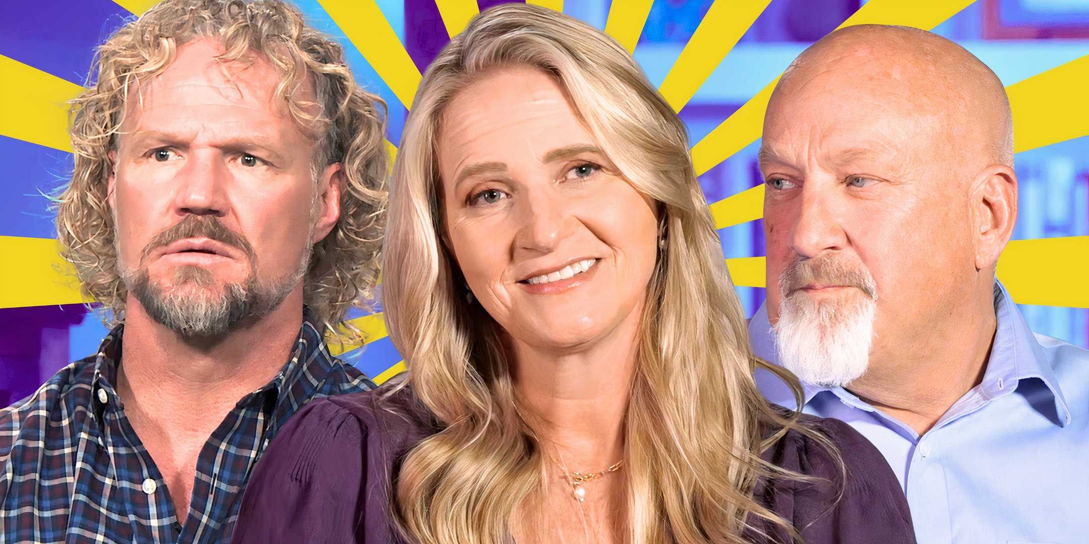 image of Sister Wives Christine Brown, Kody Brown and David Woolley with her smiling and the men looking mad