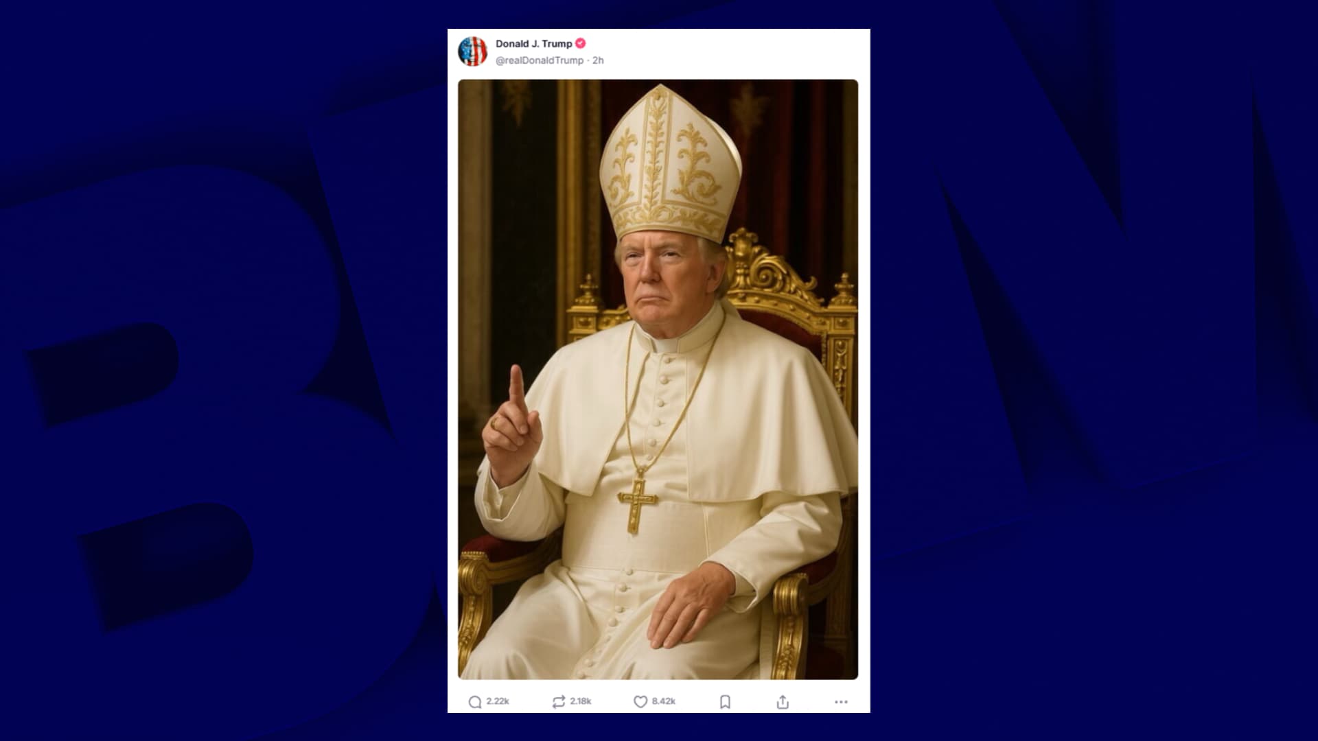 Une photo partagée le 2 mai 2025 sur le compte Truth Social du président américain Donald Trump, le montrant habillé en pape.