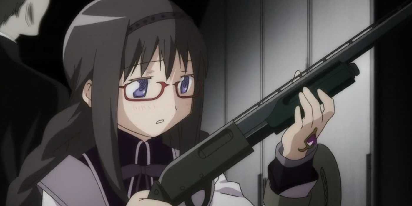 A nervous Homura holds a shotgun in Puella Magi Madoka Magica
