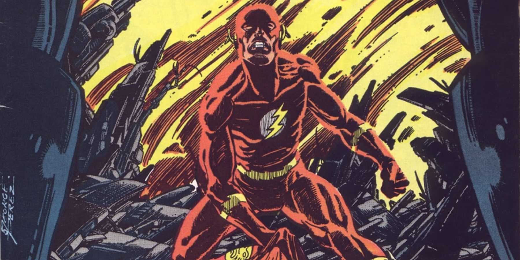 The Flash fights the Anti-Monitor on the cover of Crisis on Infinite Earths #8