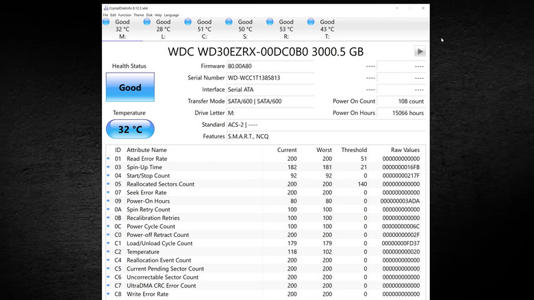 CystalDiskInfo showing SSD health