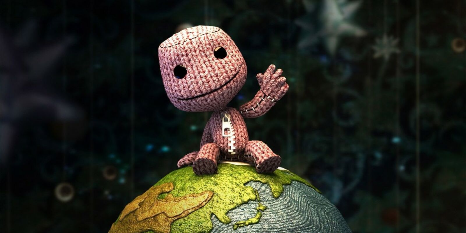 LittleBigPlanet Sackboy sitting on a globe.