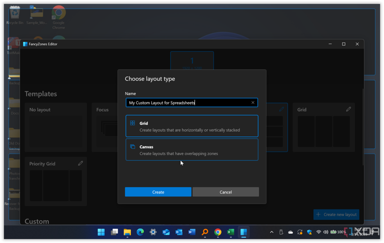 screenshot shows FancyZones custom Layout theme
