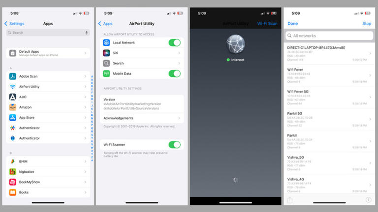 Wi-Fi frequency check in Airport Utility app on iPhone