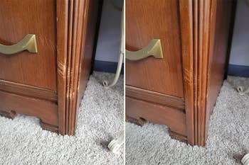 Wood furniture before and after scratch repair, showing improvement in the finish and appearance after treatment