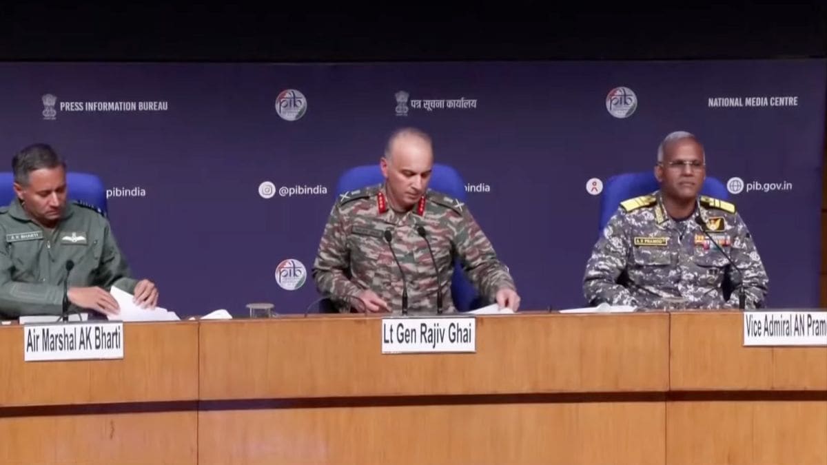 From Left to Right: Air Marshal AK Bharti, Director General (DG) of Air Force Operations, DG of Military Operations Lieutenant General Rajiv Ghai, and DG of Naval Operations, Vice Admiral AN Pramod at a press briefing for Operation Sindoor.