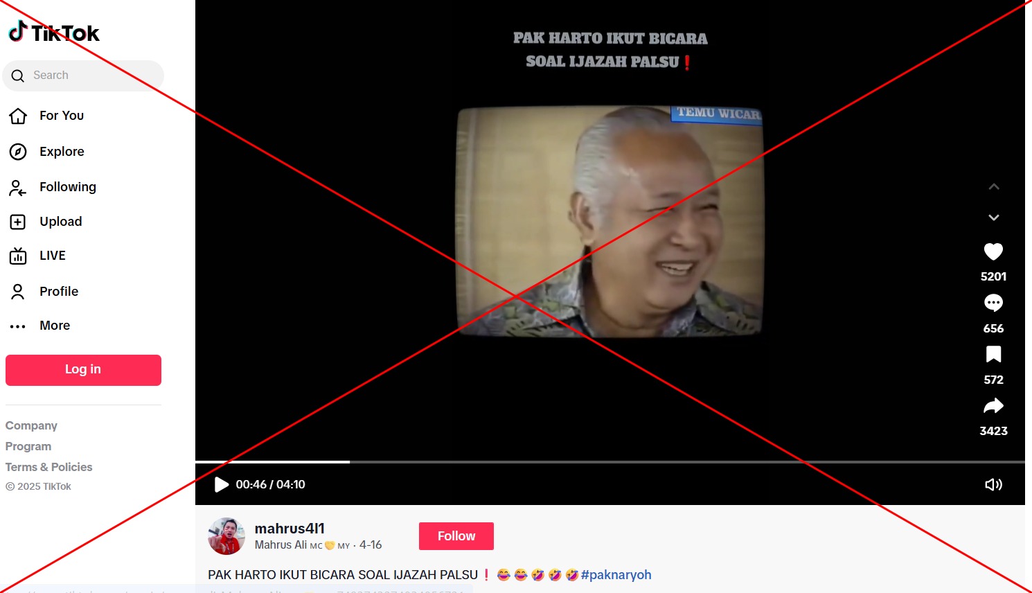 Tangkapan layar postingan salah, diambil pada 5 Mei 2025