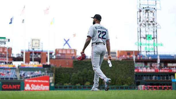 Apr 18, 2025; Philadelphia, Pennsylvania, USA; Miami Marlins pitcher Sandy Alcantara (22) takes the field before a game against the Philadelphia Phillies at Citizens Bank Park. | Bill Streicher-Imagn Images