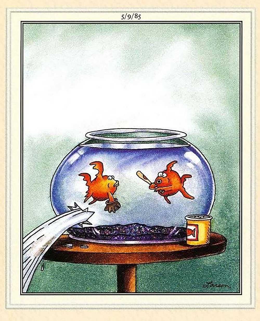 Two goldfish are playing baseball in their bowl, which has sprung a leak where the ball hit.