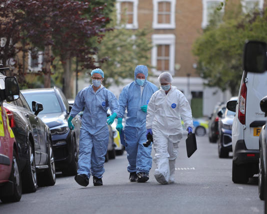There was a police cordon and forensic investigators at the address in Kentish Town, north London. Photograph: Toby Shepheard/Story Picture Agency