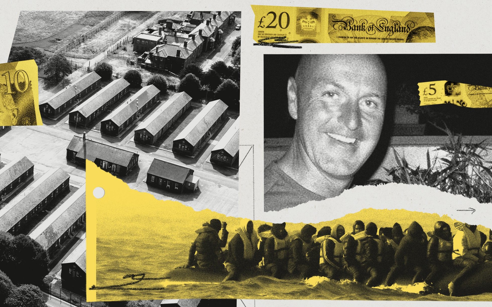 Visual of Graham King, asylum seeker housing, money and asylum seekers on raft boats