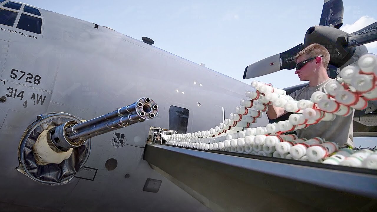 Loading US AC-130 gunship with massive ammo