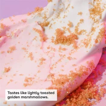 Close-up of white slime with textured golden sprinkles. Text reads,