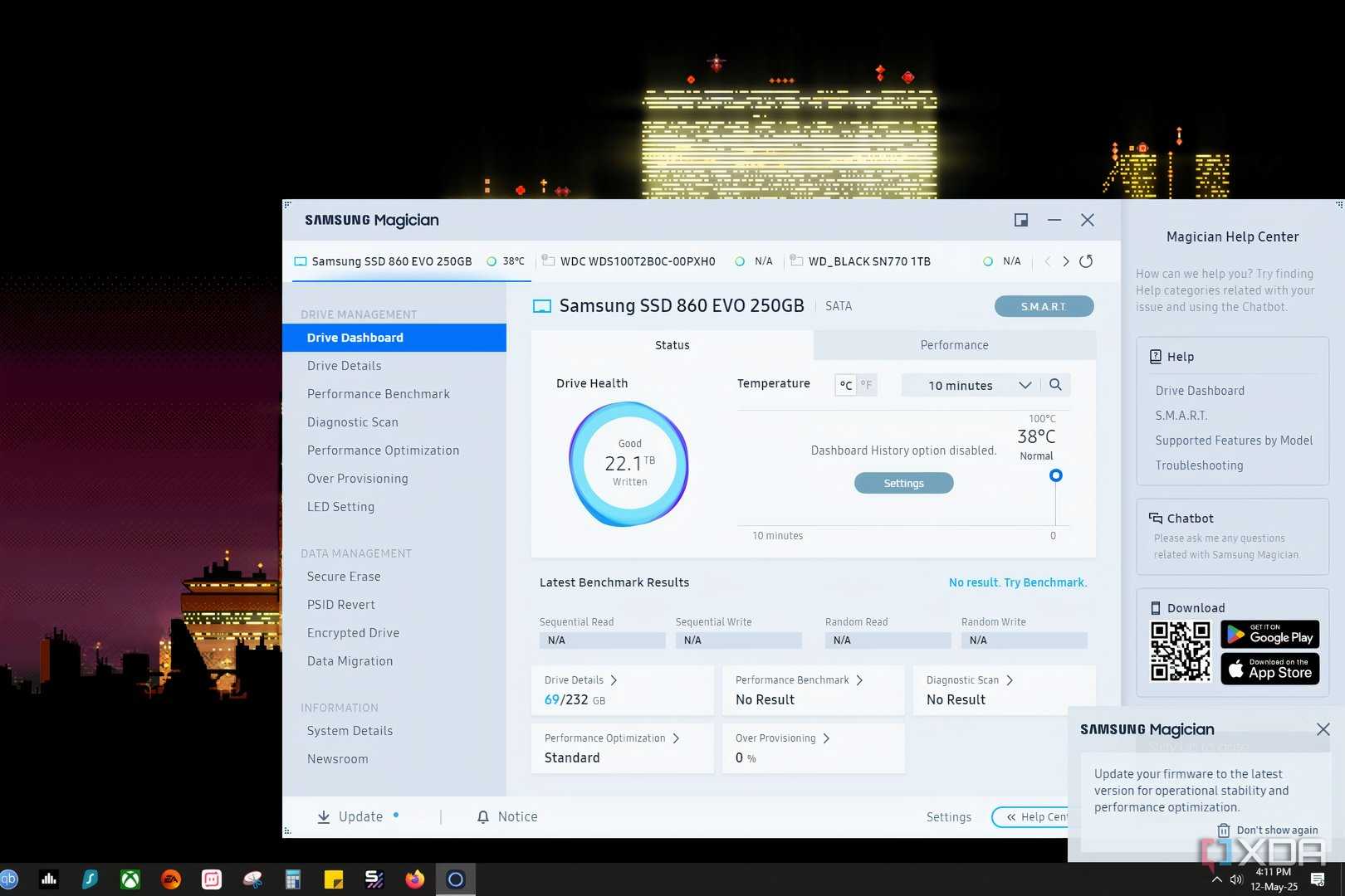 Screenshot of Samsung Magician software running on Windows 10