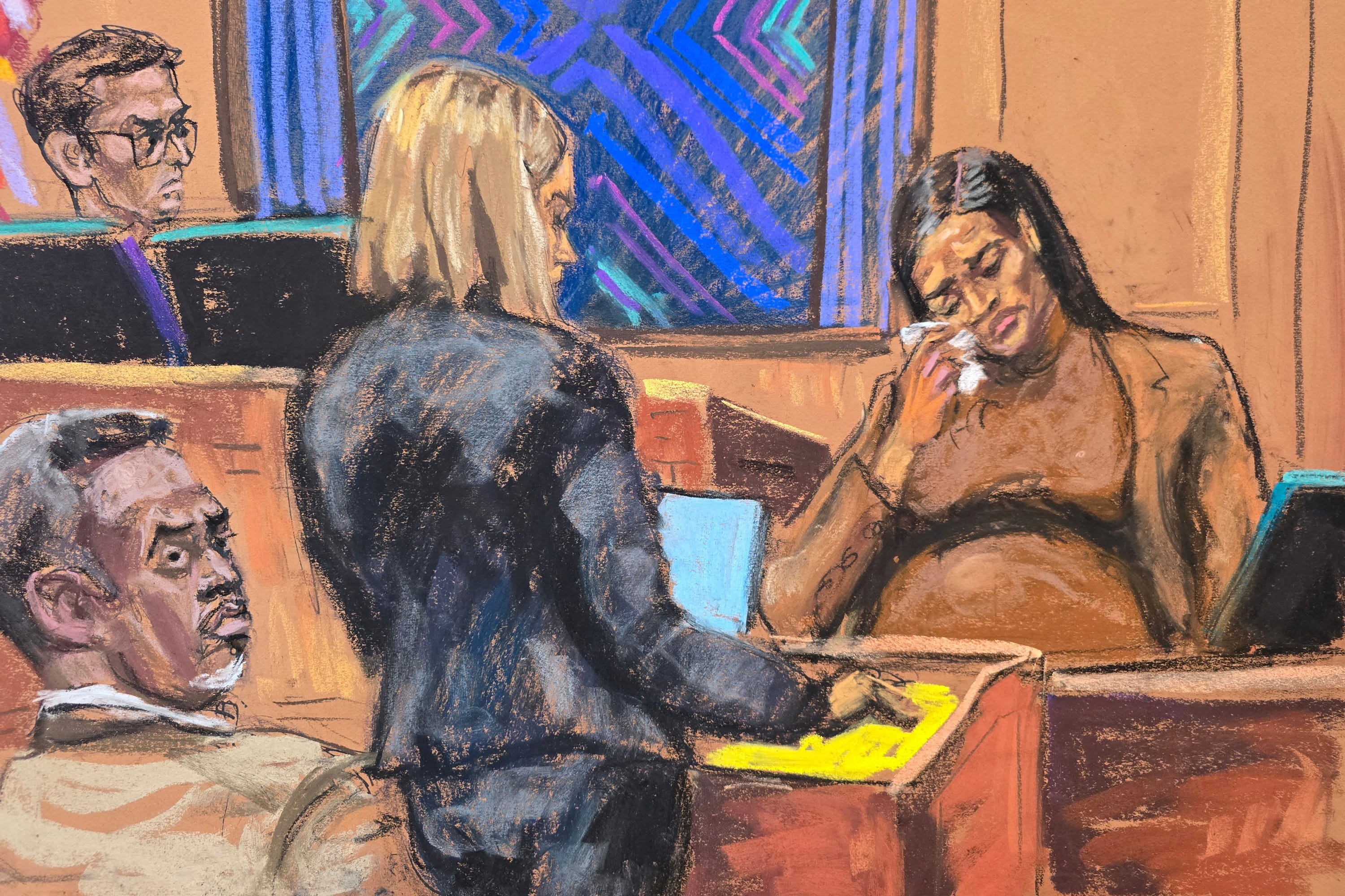 Sean "Diddy" Combs watches as his former girlfriend Casandra "Cassie" Ventura Fine reacts during testimony to prosecutor Emily Johnson before U.S. District Judge Arun Subramanian at Combs' sex trafficking trial in New York City on May 13, 2025 in this courtroom sketch.
