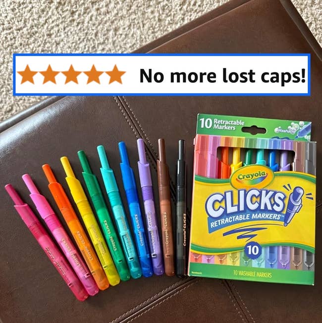 Ten Crayola Clicks retractable markers next to packaging