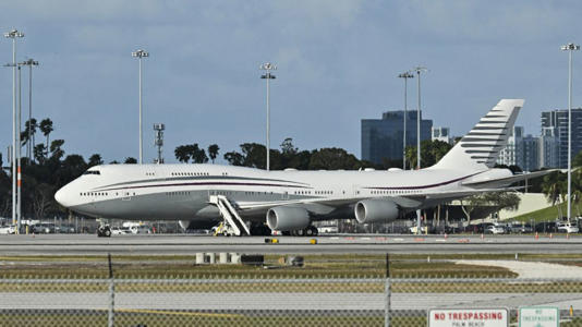 This February 15, 2025 photo shows a Boeing 747 on the tarmac of Palm Beach International airport after US President Donald Trump toured the aircraft.