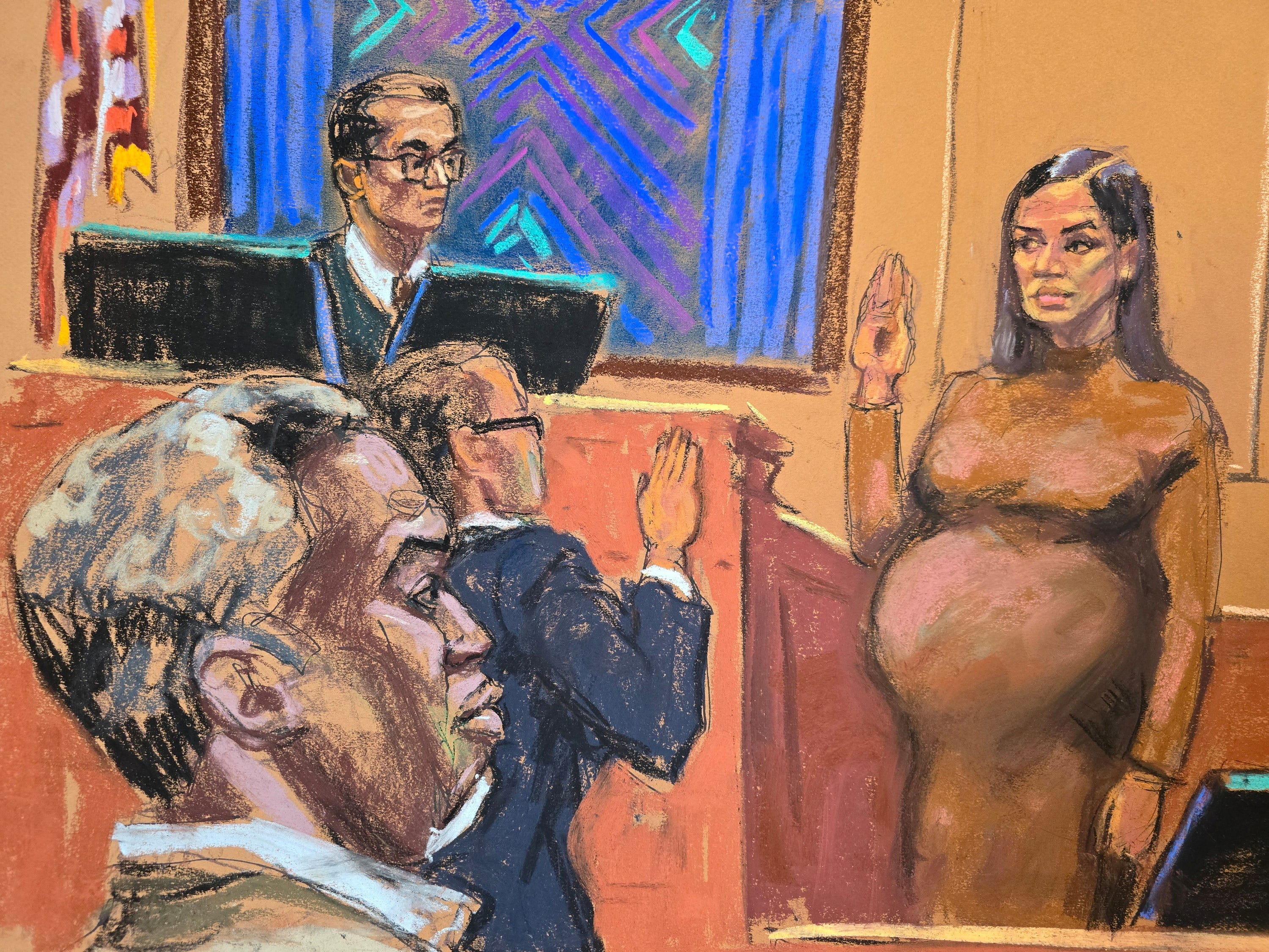 Sean "Diddy" Combs watches as his former girlfriend Casandra "Cassie" Ventura Fine is sworn in as a prosecution witness before U.S. District Judge Arun Subramanian at Combs' sex trafficking trial in New York City on May 13, 2025 in this courtroom sketch.
