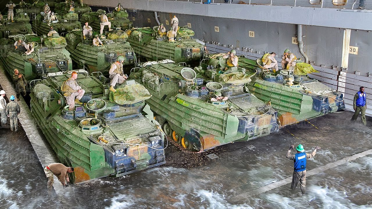 US launches hundreds of combat vehicles from a massive ship at sea<br><br>