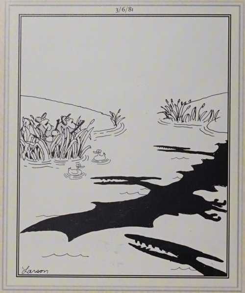 Flying dinosaur shadows overtake duck hunters in the water in a Far Side comic.