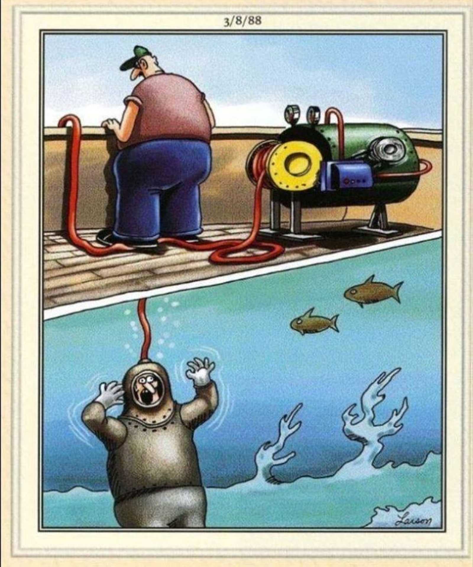 A man stands on a diver's air supply in The Far Side.