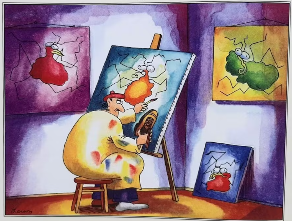 An artist looks at bugs on the bottom of his shoes for inspiration in The Far Side.