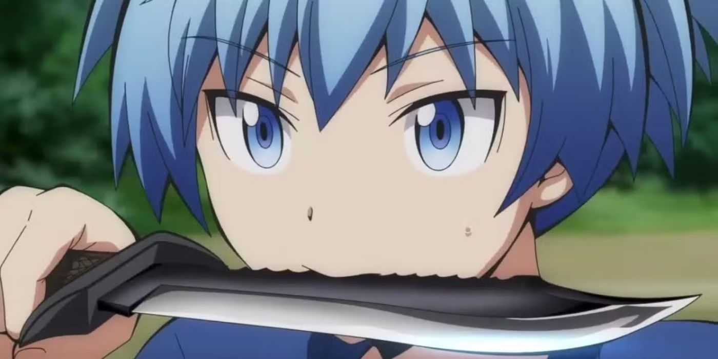 Nagasi Shiota with a blade in his mouth in Assassination Classroom.