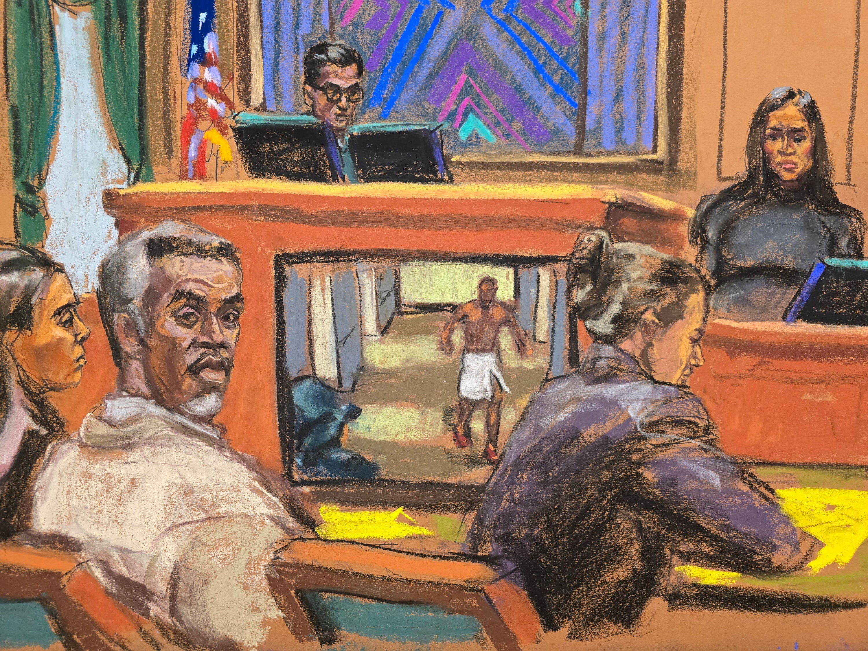 Sean "Diddy" Combs listens as his former girlfriend Casandra "Cassie" Ventura testifies at his sex trafficking trial in New York City, New York, U.S., May 14, 2025 in this courtroom sketch. REUTERS/Jane Rosenberg