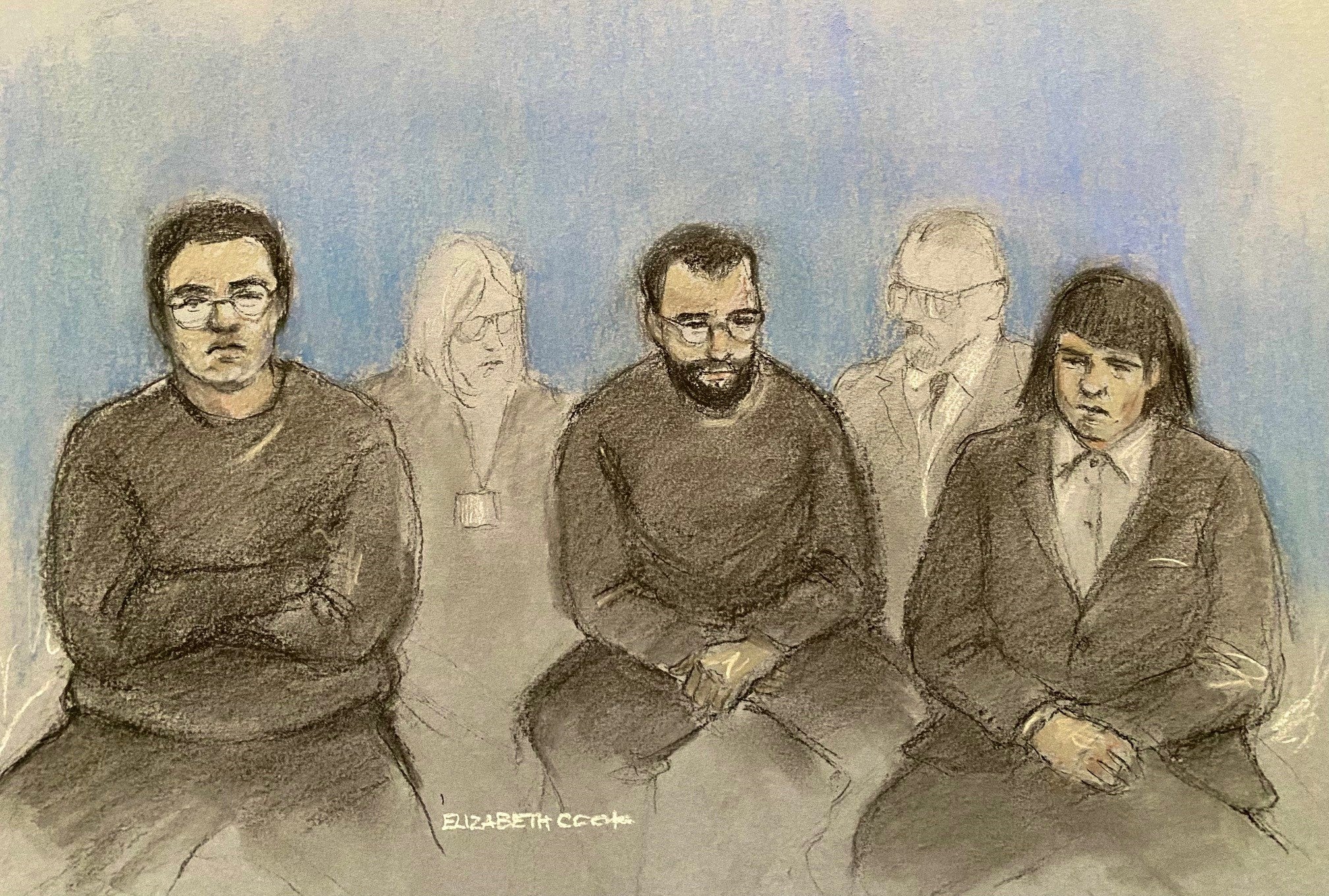 Court artist sketch of Brogan Stewart, Christopher Ringrose and Marco Pitzettu (PA)