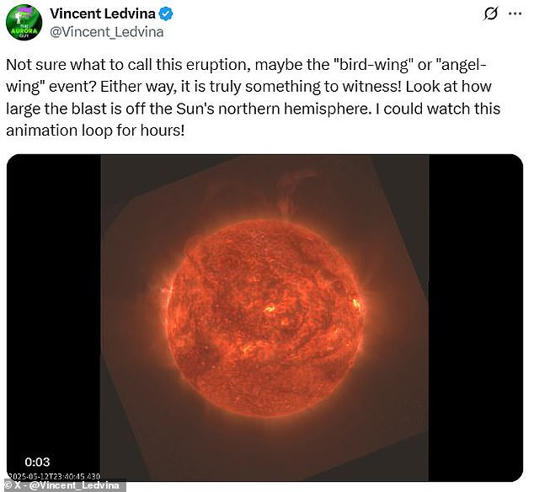 Northern Lights photographer Vincent Ledvina dubbed it the 'bird-wing' or 'angel-wing' eruption 