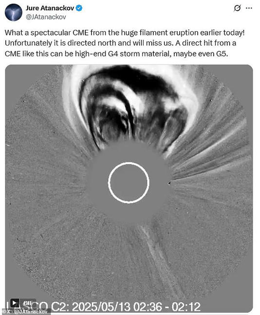 Aurora chasers watching the eruption were shocked by its sheer size, with one saying it could cause a G5 or 'extreme' geomagnetic storm 