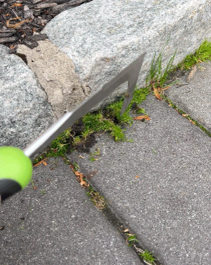 Weed removal tool being used on grass and weeds between concrete slabs outdoors
