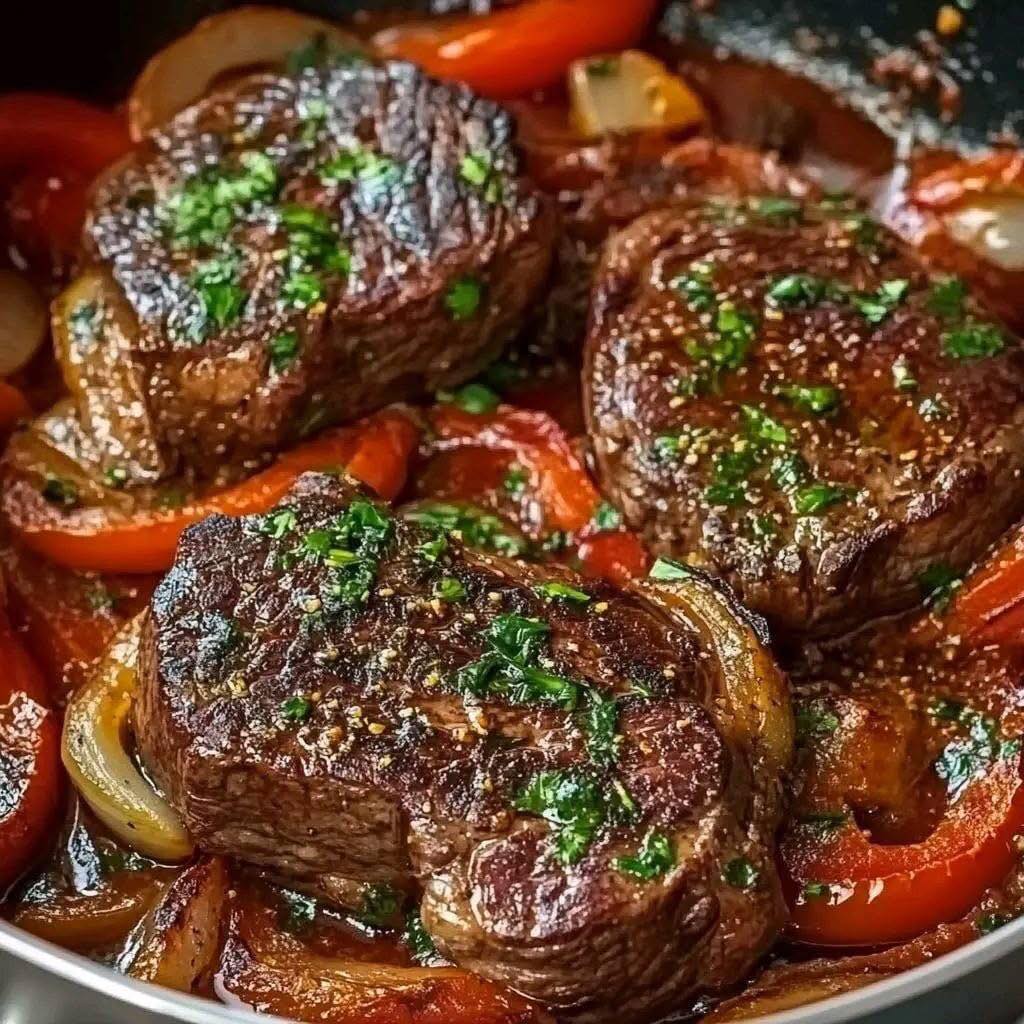 Cast Iron Seared Steaks with Peppers, Onions, and Dijon Sauce