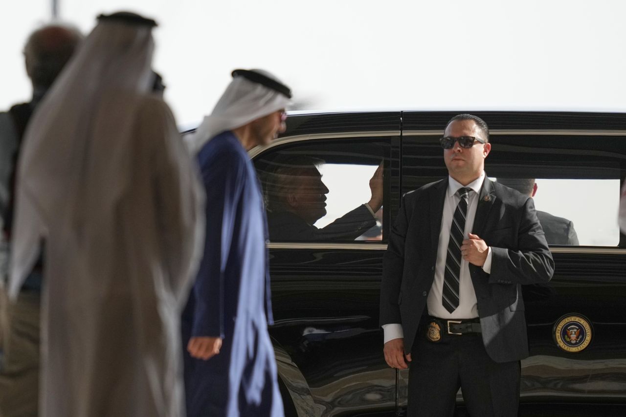 Trump leaves Abu Dhabi International Airport after attending a welcoming ceremony Thursday held with the U.A.E. president.
