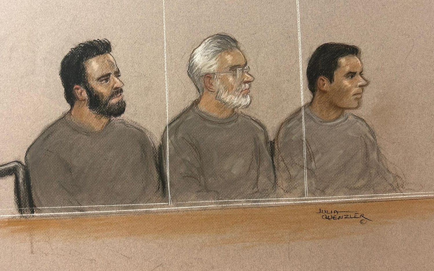 Farhad Javadi Manesh, Shapoor Qalehali Khani Noori, and Mostafa Sepahvand, pictured in a court sketch - Julia Quenzler / SWNS