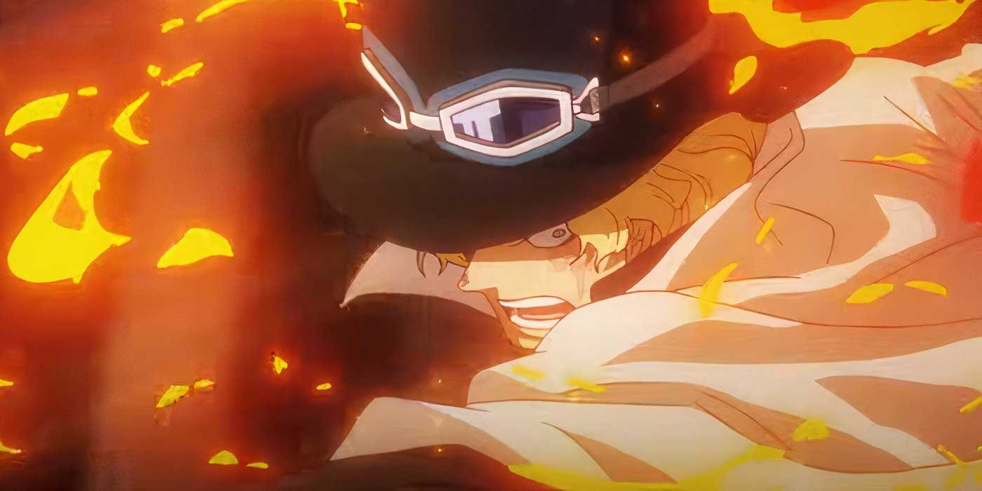Sabo uses his Fire Fist attack while shouting in the One Piece anime.