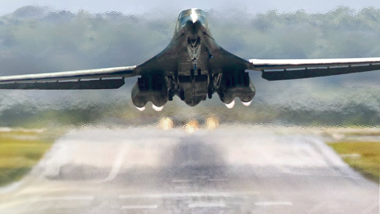 US B-1 bomber demonstrates immense power during takeoff with full