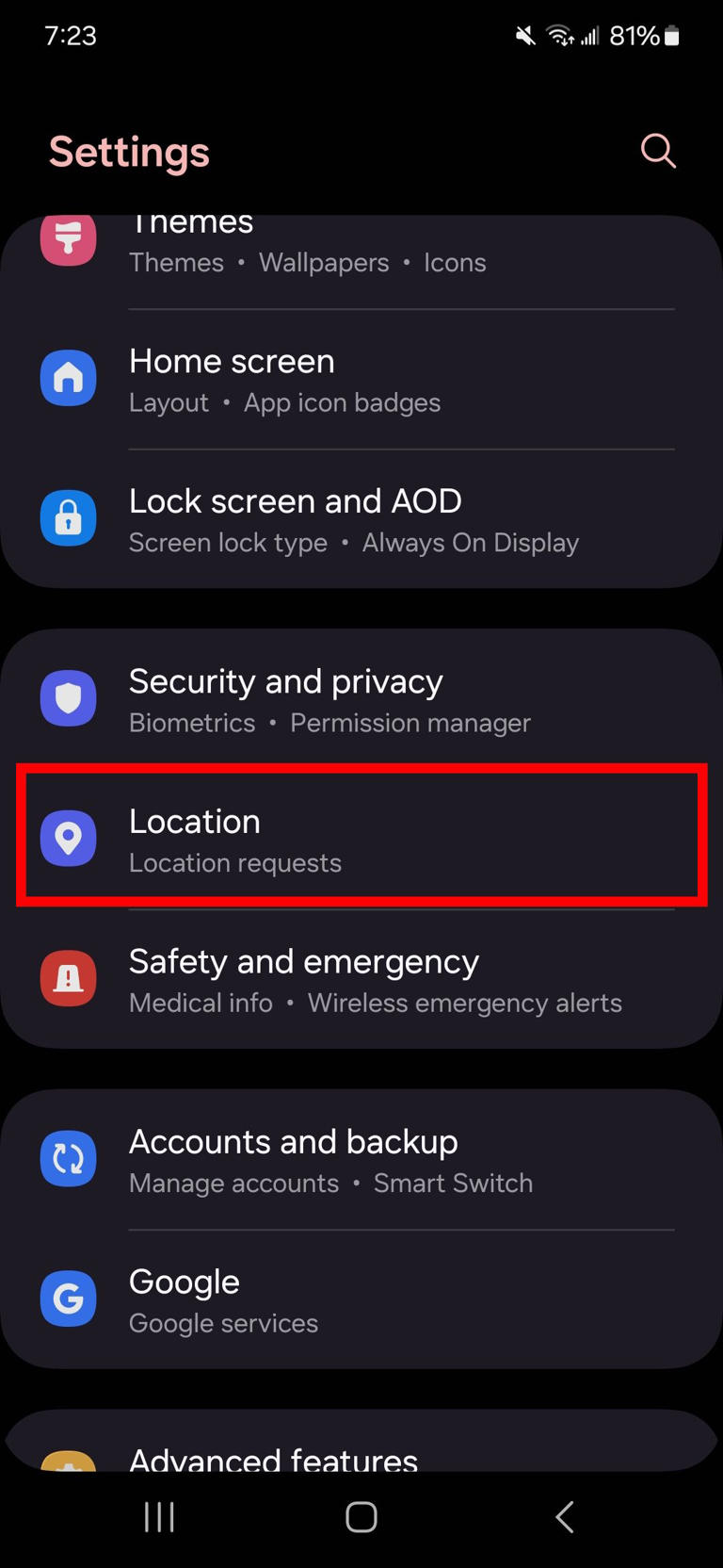 Location highlighted in One UI 6.1 settings
