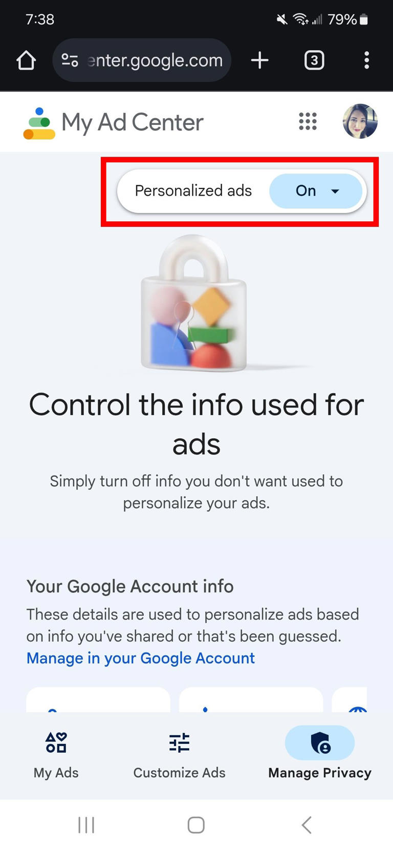 Red rectangle outline highlighting the Personalized ads dropdown in the Ad Center