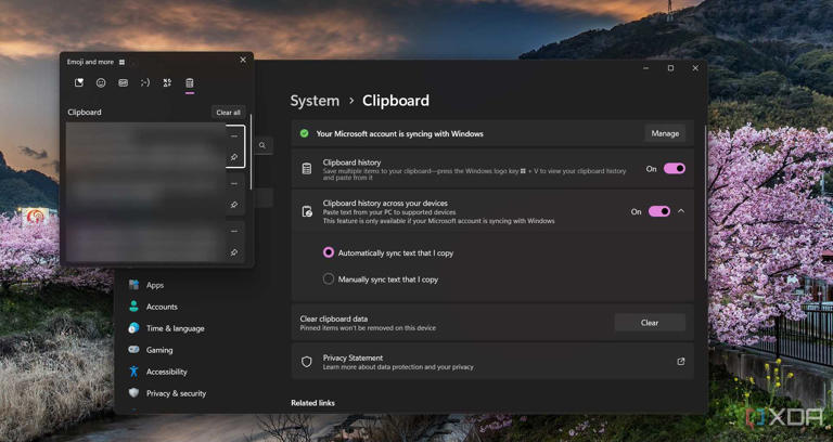 Clipboad History and sync settings in Windows 11