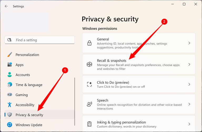 Select "Privacy & security," then head to "Recall & Snapshots."