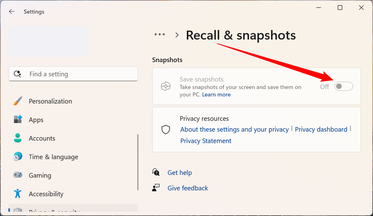 The toggle in the off position next to "Save Snapshots." 