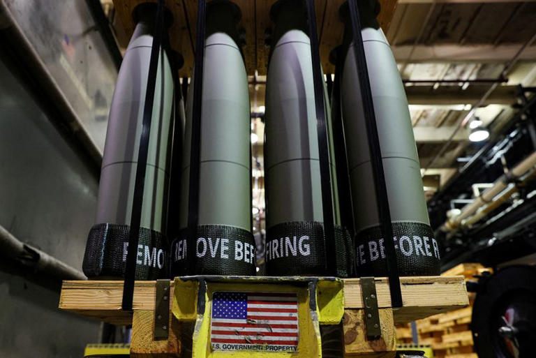 FILE PHOTO: 155mm artillery shells are packed for shipping at the Scranton Army Ammunition Plant in Scranton, Pennsylvania, U.S., February 16, 2023. REUTERS/Brendan McDermid/File Photo