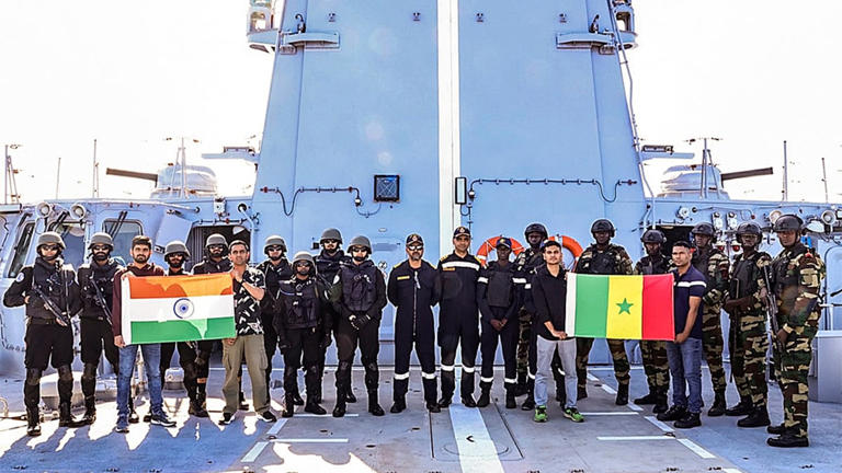 (File) Indian Naval officers with Senegal military personnel during INS Tushil's visit to Dakar, Senegal. on 7 January 2025. PTI