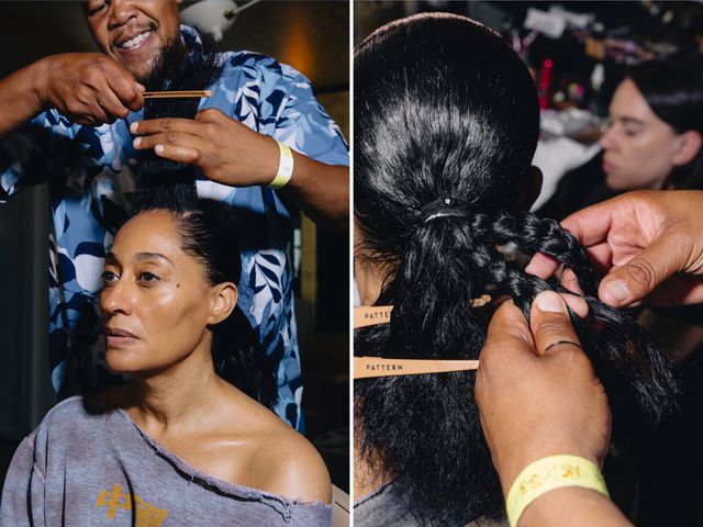 Darrel Hunter Hairstylist Chuck Amos crafting Ross's sleek and braided low bun.