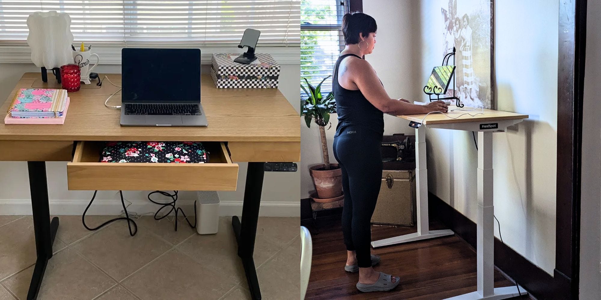 side by side of a standing desk with a laptop on it and a drawer open; and a sideview of a woman working at a tablet standing upright at her standing desk.