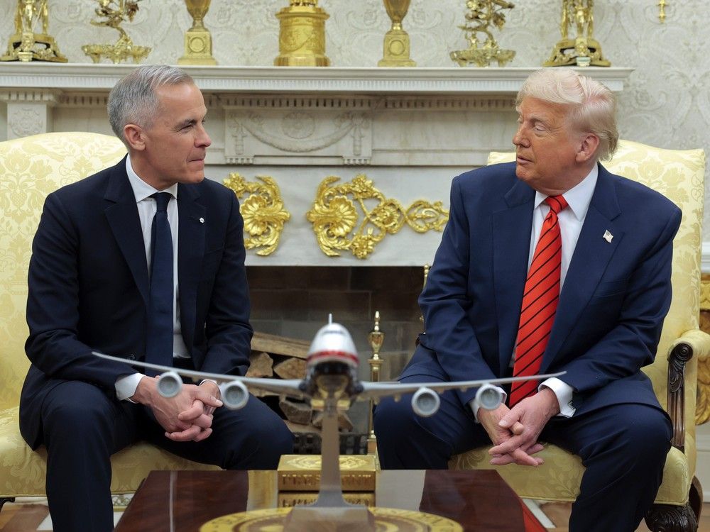 U.S. President Donald Trump meets with Canadian Prime Minister Mark Carney in the Oval Office at the White House on May 6, 2025 in Washington, DC. 